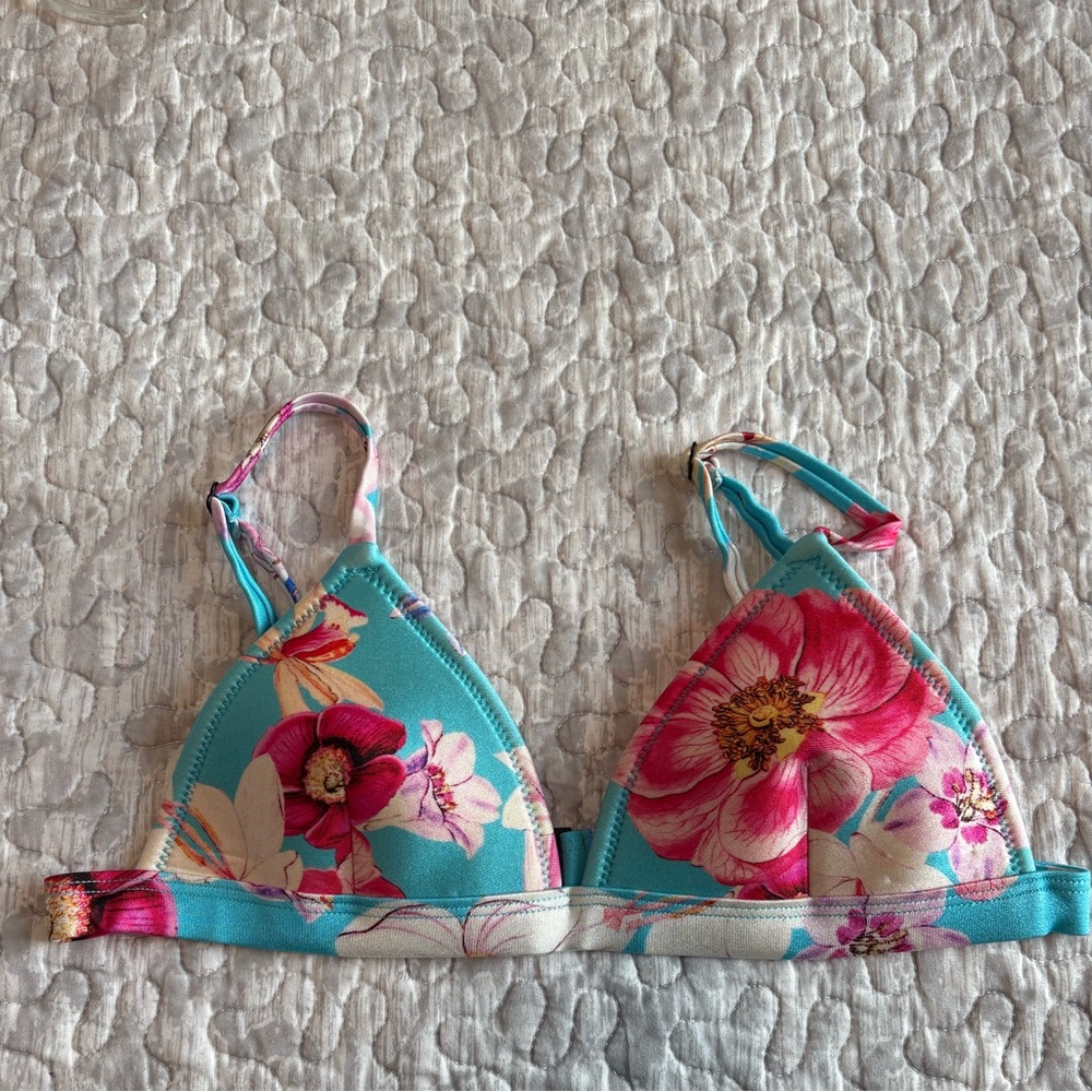 Triangle - Floral Turquoise Bikini Top - Pink & Turquoise